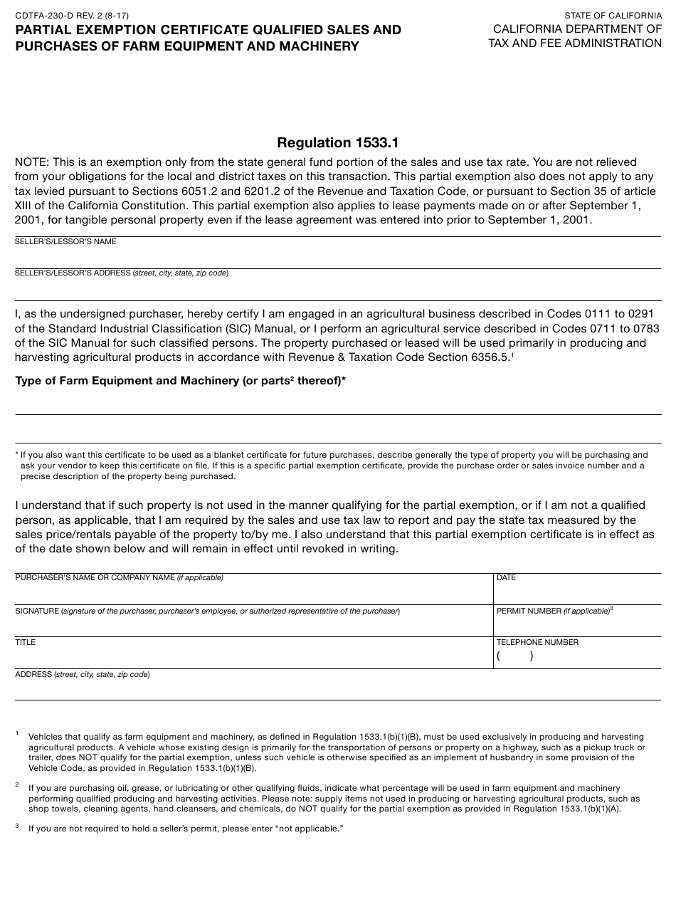 California Farm Sales Tax Exemption Form