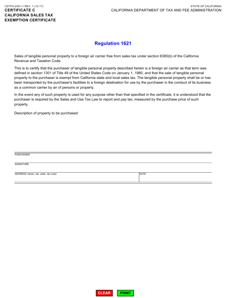 Form CDTFA 230 I 1 Certificate C Download Fillable PDF Or Fill Online 
