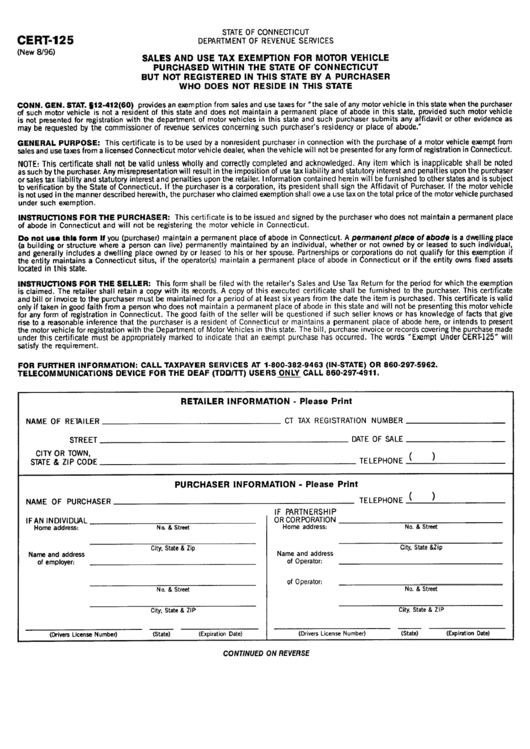 Form Cert 125 Sales And Use Tax Exemption Form For Motor Vehicle 