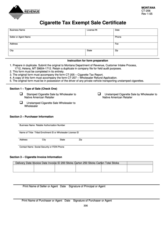 Form Ct 206 Cigarette Tax Exempt Sale Certificate 2005 Printable 