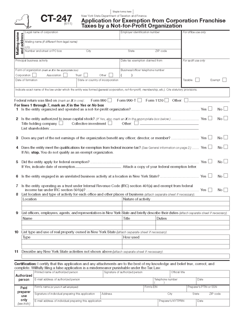 Form CT 247 Application For Exemption From Corporation Franchise Taxes 