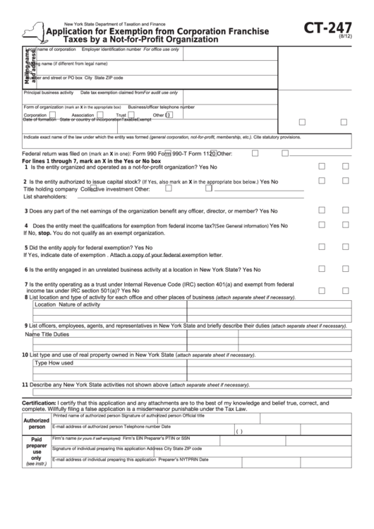 Form Ct 247 Application For Exemption From Corporation Franchise 