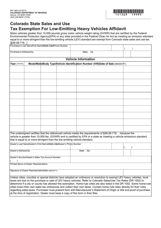 Form Dr 1369 Colorado State Sales And Use Tax Exemption For Low 