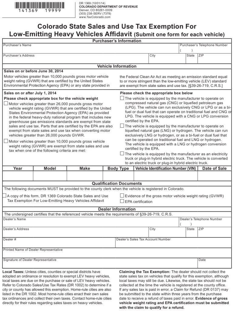 Form DR1369 Download Fillable PDF Or Fill Online Colorado State Sales 
