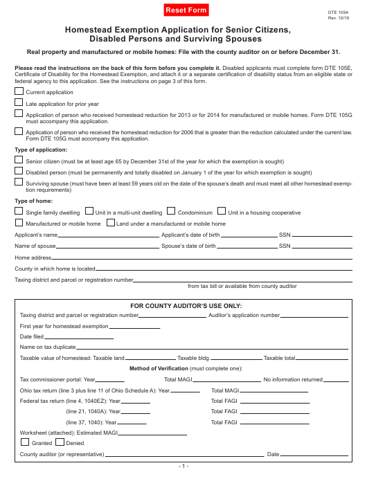 Form DTE105A Download Fillable PDF Or Fill Online Homestead Exemption