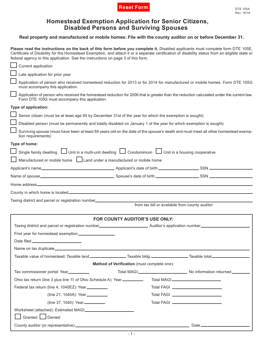 Form DTE105A Download Fillable PDF Or Fill Online Homestead Exemption 