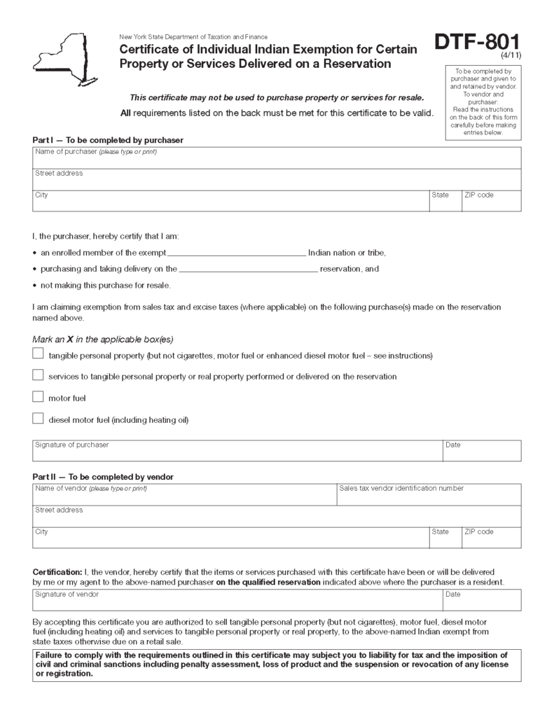 Form DTF 801 Certificate Of Individual Indian Exemption From State 