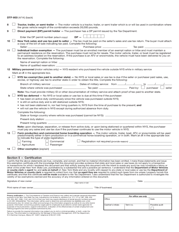 Form DTF 803 Claim For Sales And Use Tax Exemption New York Free 