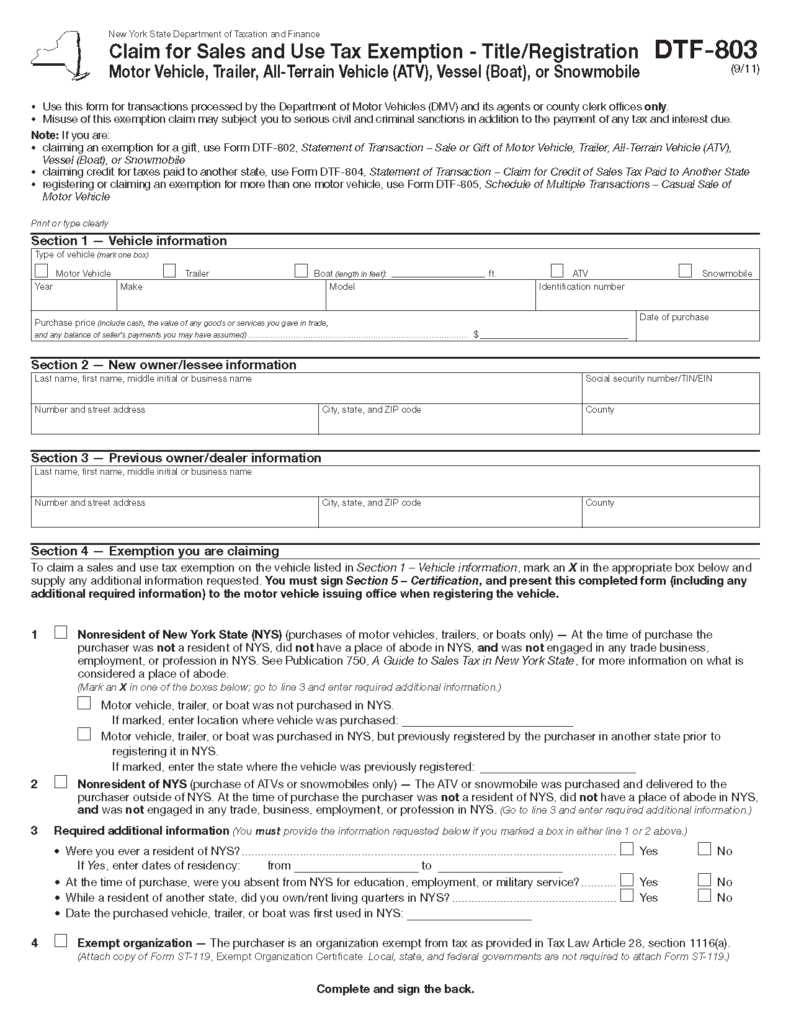Form DTF 803 Claim For Sales And Use Tax Exemption Title Registration 