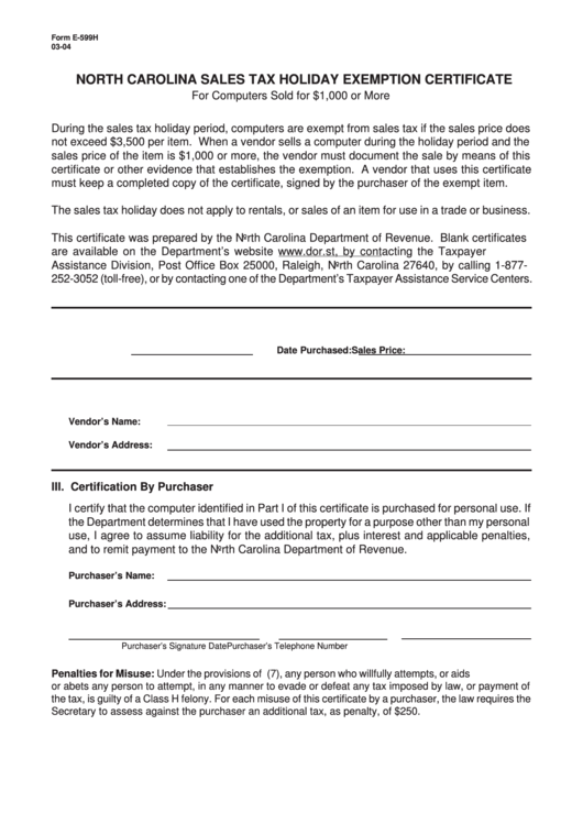 Form E 599h North Carolina Sales Tax Holiday Exemption Certificate 