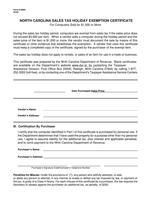 form-e-599h-north-carolina-sales-tax-holiday-exemption-certificate