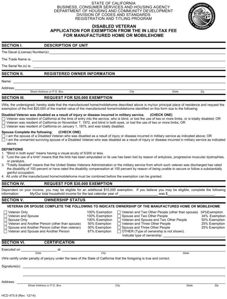 Form HCD475 9 Download Printable PDF Or Fill Online Disabled Veteran 