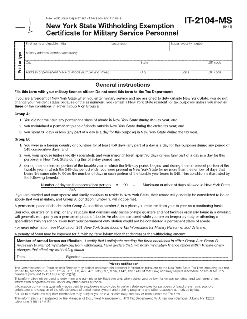 Form IT 2104 MS Fill in New York State Withholding Exemption 