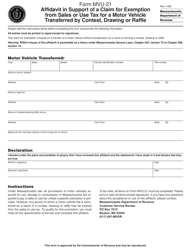 Form MVU 21 Download Printable PDF Or Fill Online Affidavit In Support 