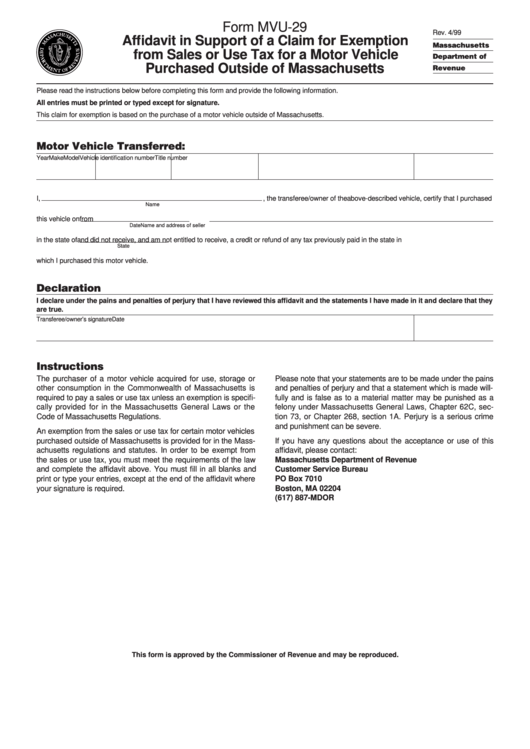 Form Mvu 29 Affidavit In Support Of A Claim For Exemption From Sales 