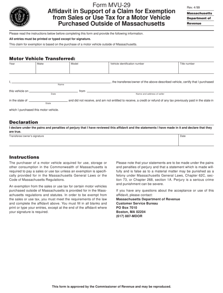 Form MVU 29 Download Printable PDF Or Fill Online Affidavit In Support 