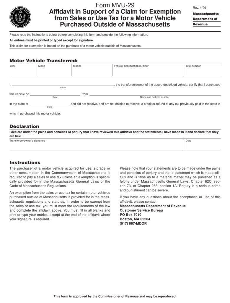 Form MVU 29 Download Printable PDF Or Fill Online Affidavit In Support