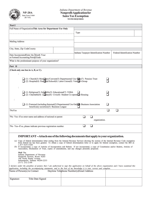 Form Np 20a State Form 51064 Nonprofit Application For Sales Tax 