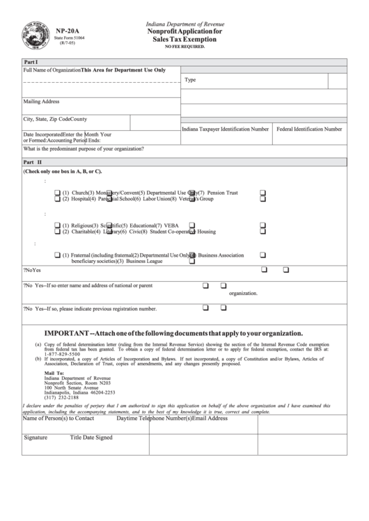 Form Np 20a State Form 51064 Nonprofit Application For Sales Tax