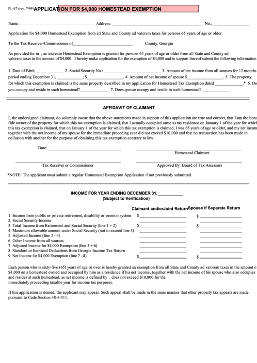 Form Pl 67 Application For Homestead Exemption Printable Pdf Download