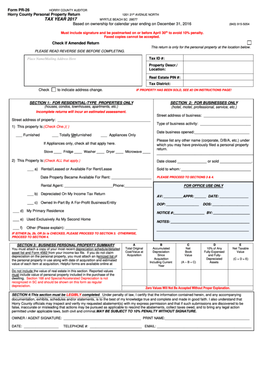 Form Pr 26 Horry County Personal Property Return 2017 Printable Pdf 