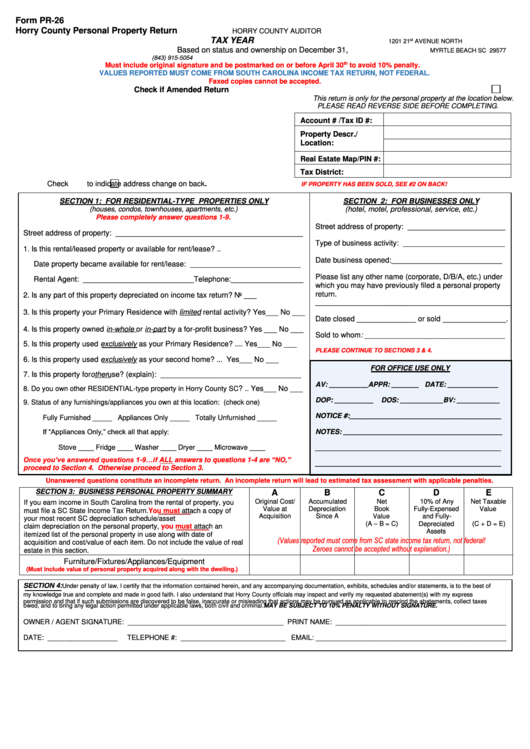 Form Pr 26 Horry County Personal Property Return Printable Pdf Download