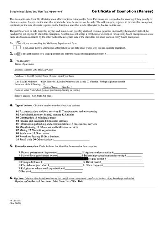 Form Pr 78ssta Kansas Streamlined Sales And Use Tax Agreement 