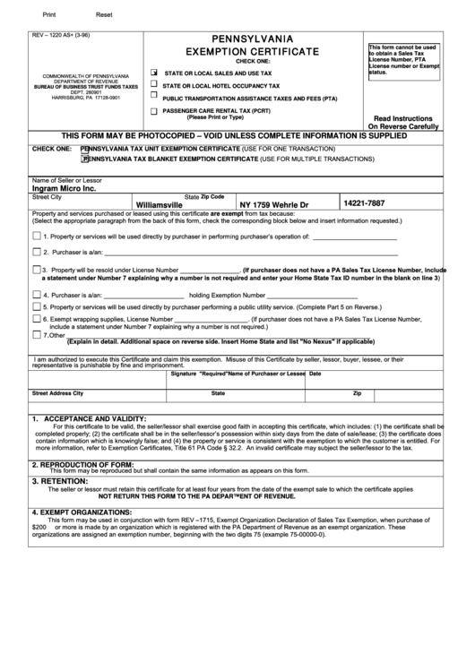 Form Rev 1220 As Pennsylvania Exemption Certificate 2006 Printable