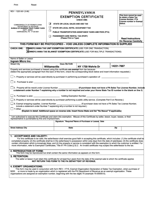 Form Rev 1220 As Pennsylvania Exemption Certificate 2006 Printable 