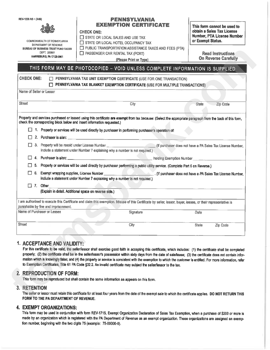 Form Rev 1220 Pennsylvania Exemption Certificate Printable Pdf Download 1 