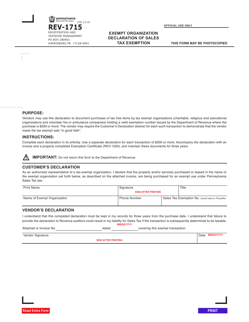 Pa Sales Taxe Exemption Form 9196