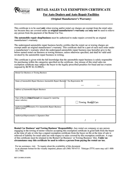 Form Rev 26 0008 Retail Sales Tax Exemption Certificate Printable Pdf 