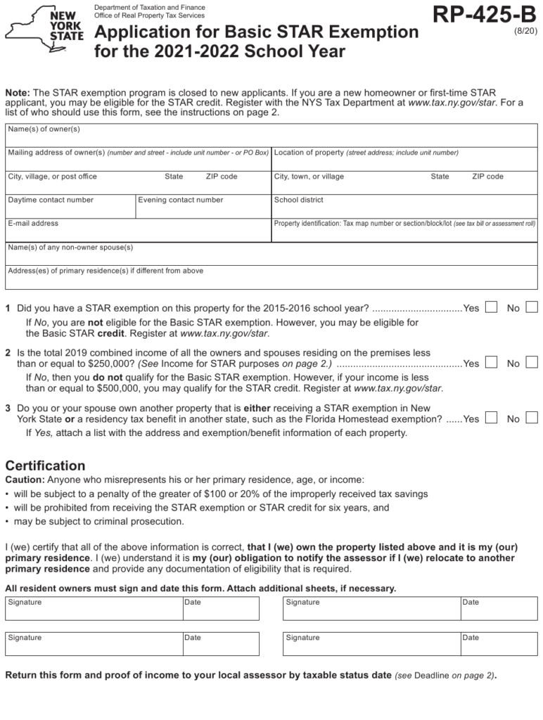 Form RP 425 B Download Fillable PDF Or Fill Online Application For