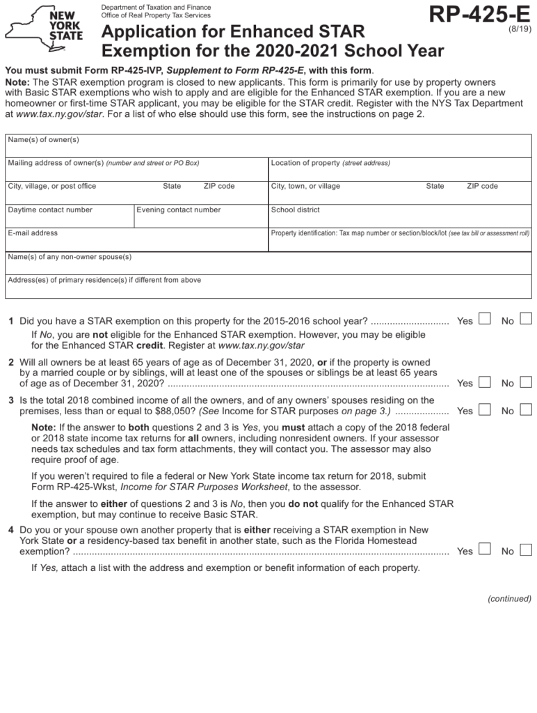 Form RP 425 E Download Fillable PDF Or Fill Online Application For 