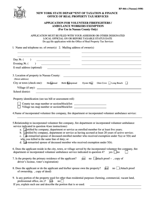 Form Rp 466 C Nassau Application For Volunteer Firefighters 