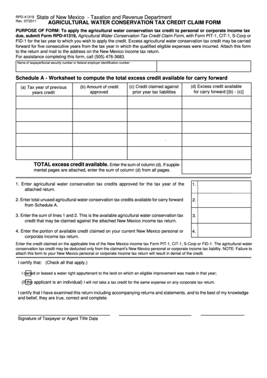 Form Rpd 41319 Agricultural Water Conservation Tax Credit Claim Form 