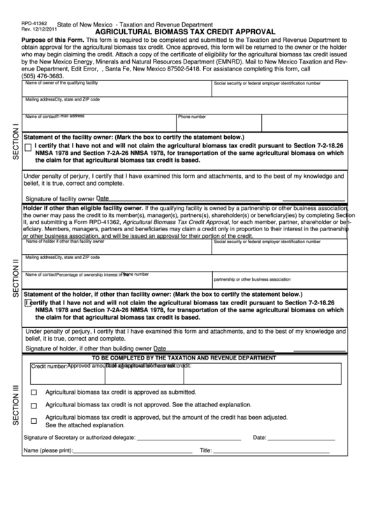 Form Rpd 41362 Agricultural Biomass Tax Credit Approval State Of 