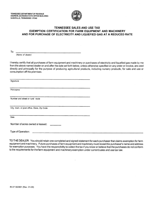 Form Rv F1302901 Exemption Certification For Farm Equipment And