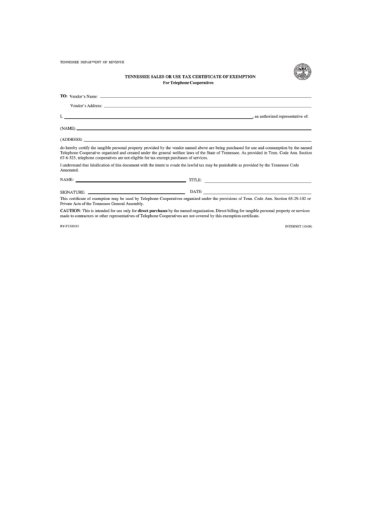 Form Rv F1320101 Tennessee Sales Or Use Tax Certificate Of Exemption 