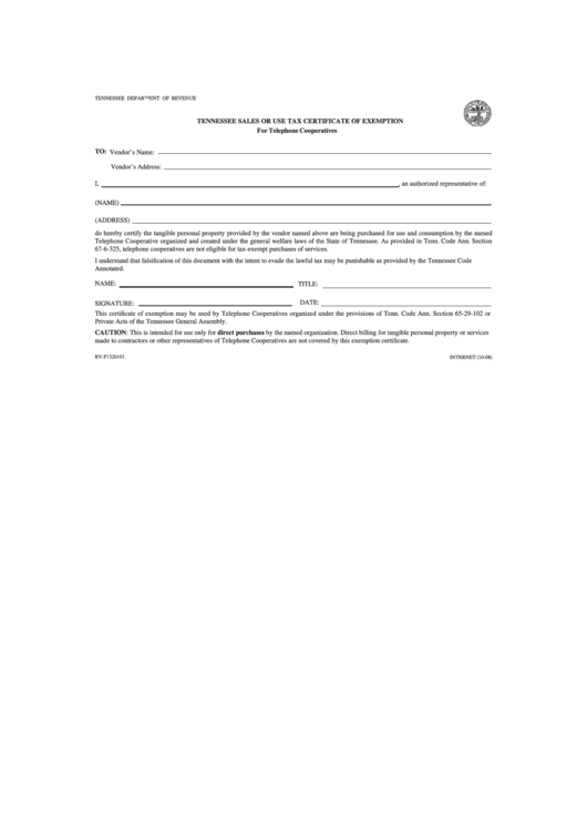 Form Rv F1320101 Tennessee Sales Or Use Tax Certificate Of Exemption