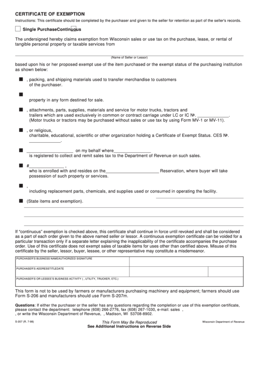 Form S 207 Wisconsin Certificate Of Exemption Single Purchase 