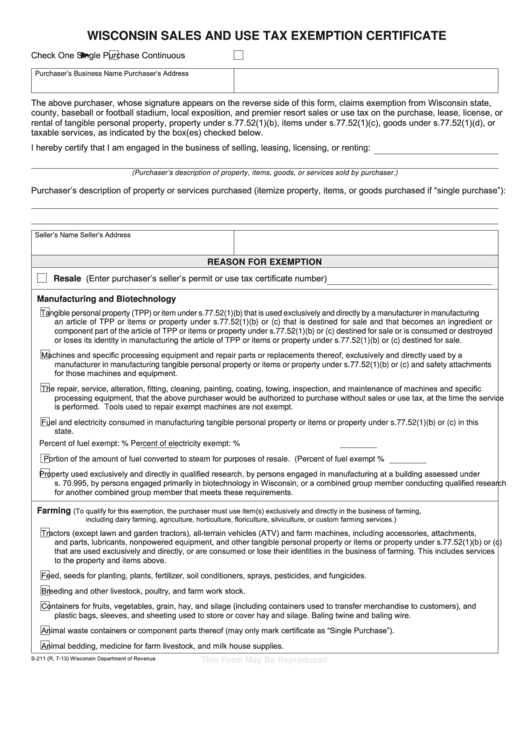 Form S 211 Wisconsin Sales And Use Tax Exemption Certificate 
