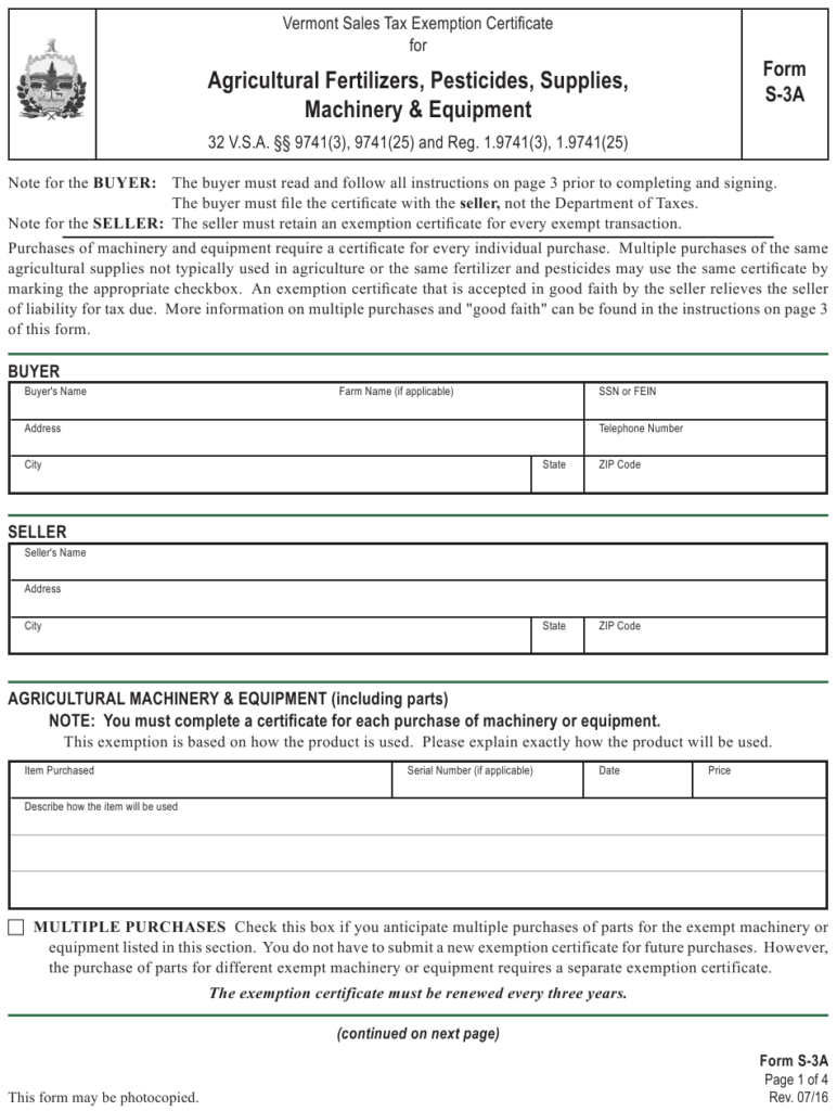 Form S 3A Download Printable PDF Or Fill Online Vermont Sales Tax 