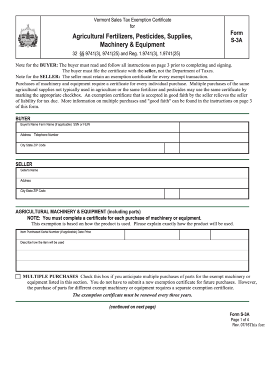 Form S 3a Vermont Sales Tax Exemption Certificate For Agricultural