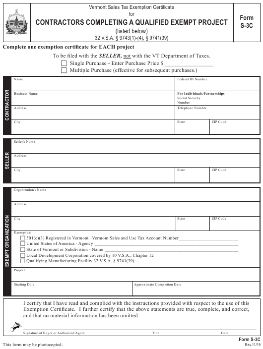 Vt Tax Exempt Form S 3c ExemptForm
