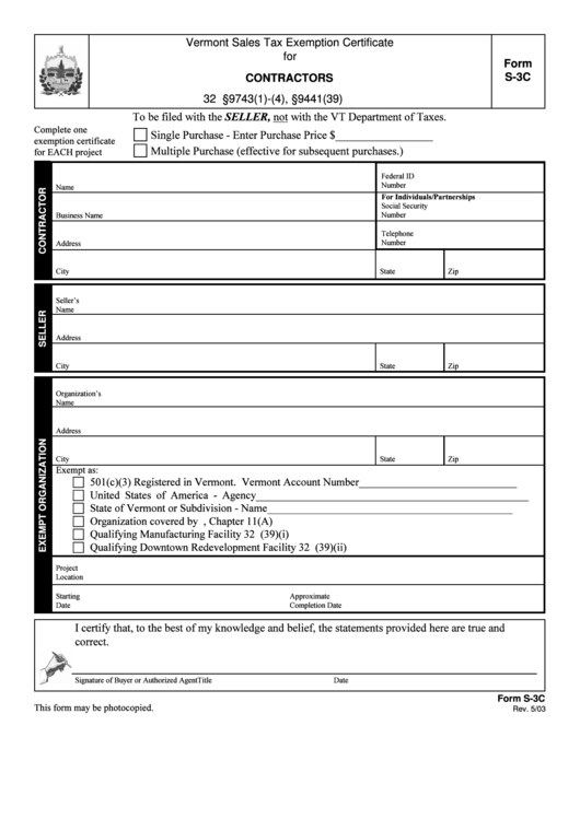 Form S 3c Vermont Sales Tax Exemption Certificate For Contractors 