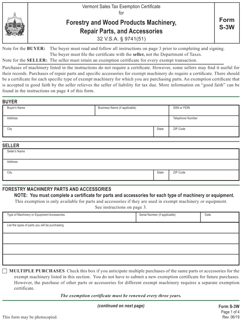 Form S 3W Download Printable PDF Or Fill Online Vermont Sales Tax 