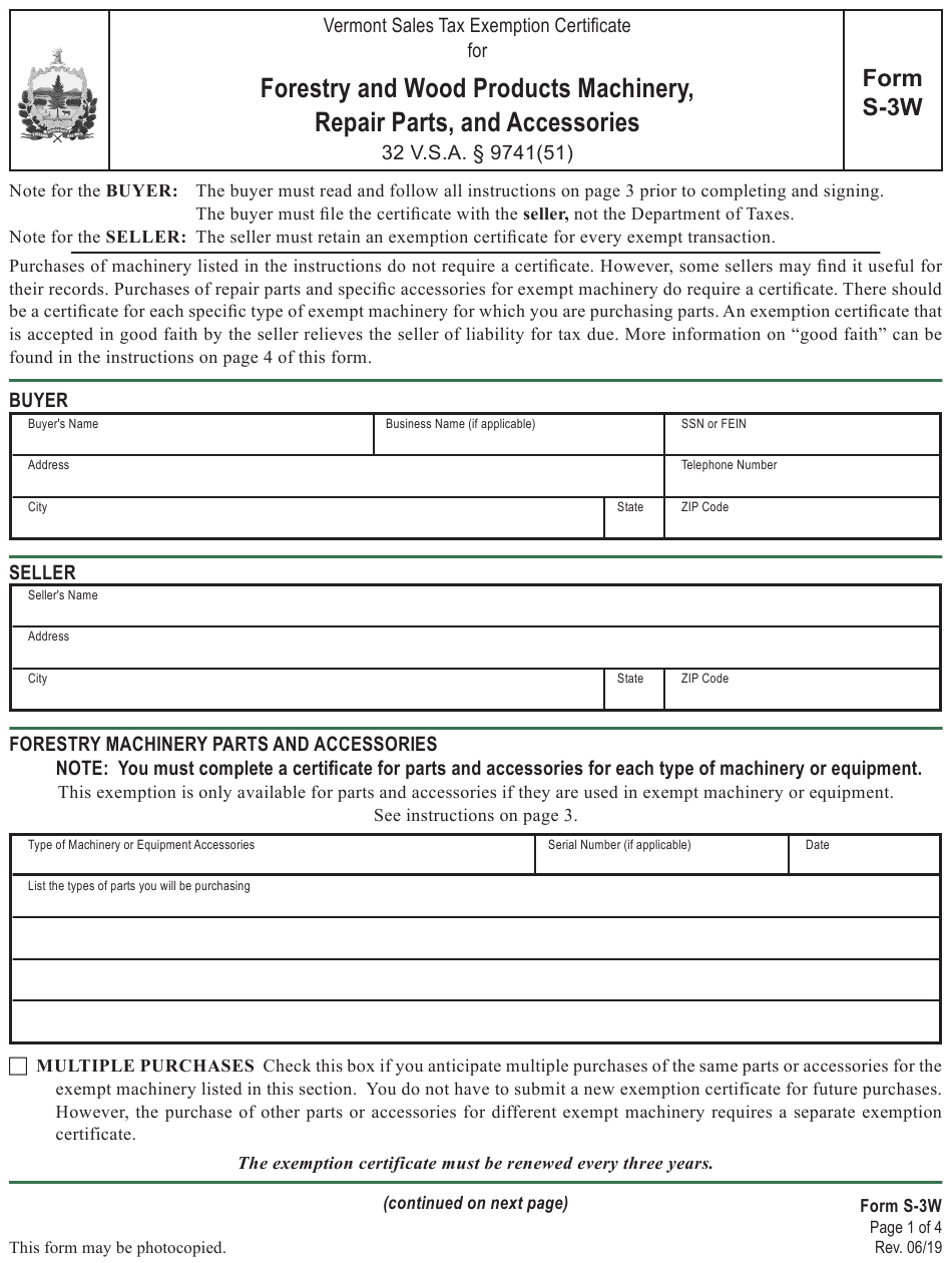 Form S 3a Vermont Sales Tax Exemption Certificate For Agricultural 