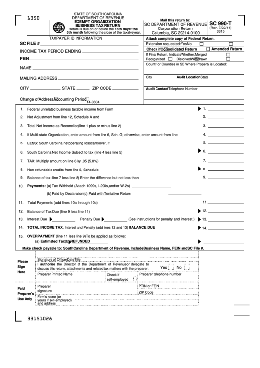 Form Sc 990 T South Carolina Exempt Organization Business Tax Return 
