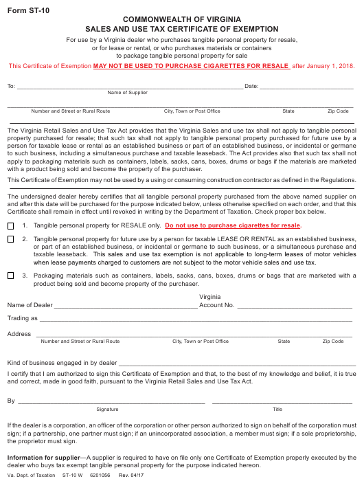 Form ST 10 Download Fillable PDF Exemption Certificate For Certain